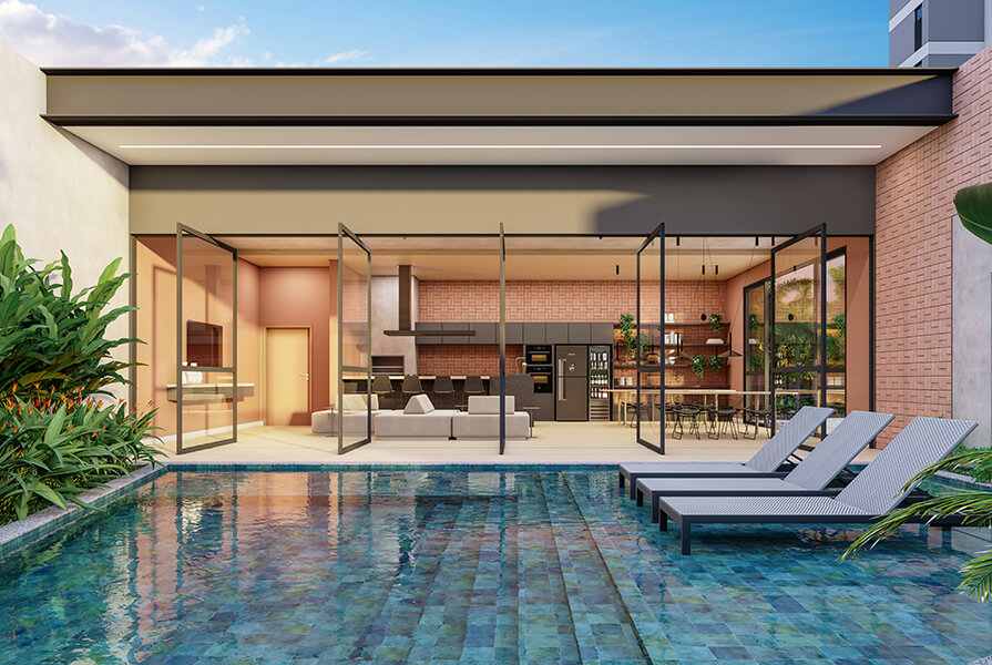 piscina com espreguiçadeiras