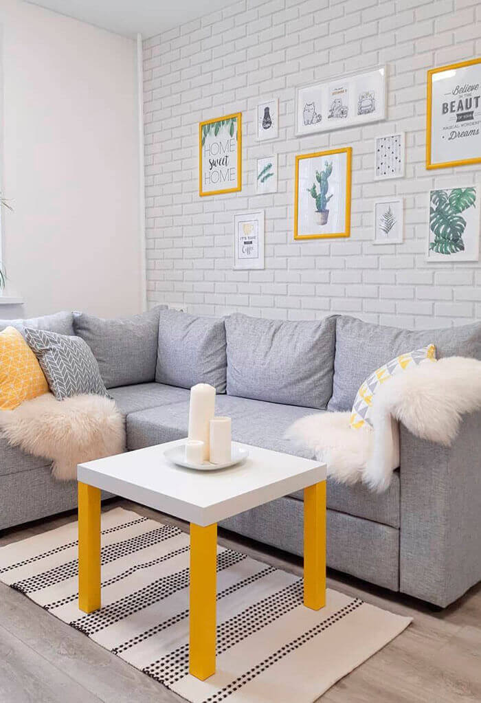 Tendência de decoração  cinza e amarelo