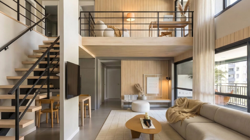 Sala de estar moderna com escadas e iluminação suave
