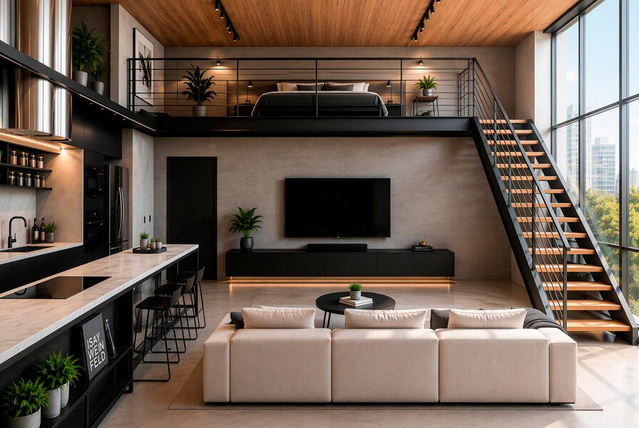 Sala de estar moderna com banheiro loft e escada