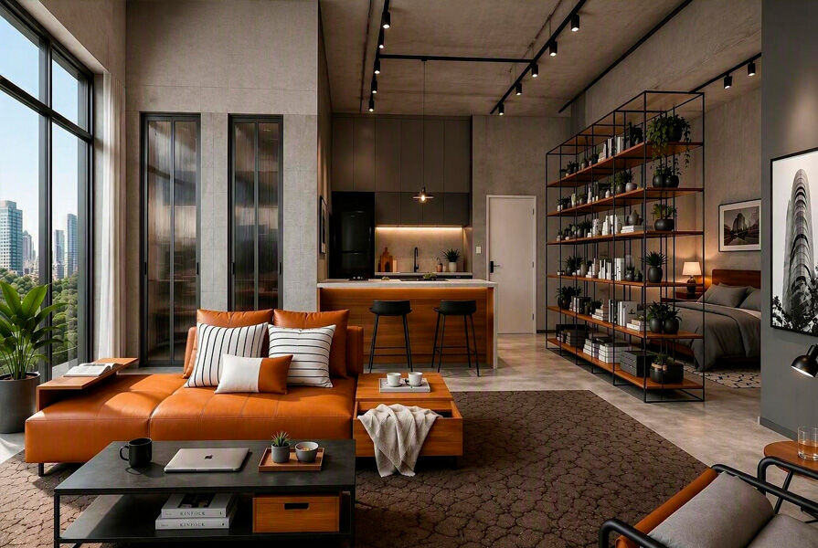 Sala de estar moderna com sofá laranja e decoração minimalista