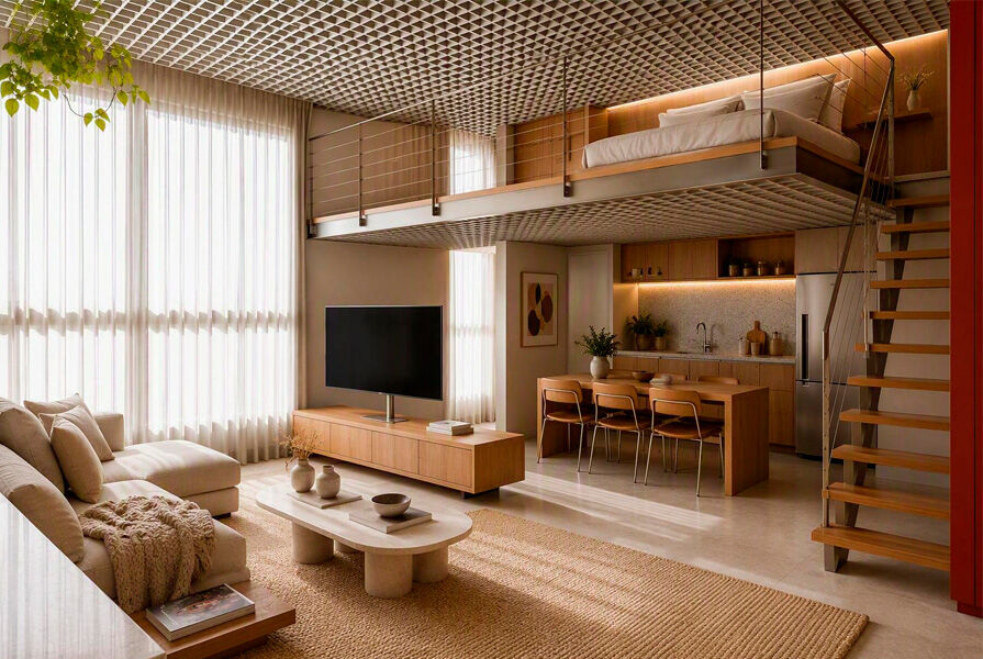 Sala de estar moderna com mezanino e tons neutros