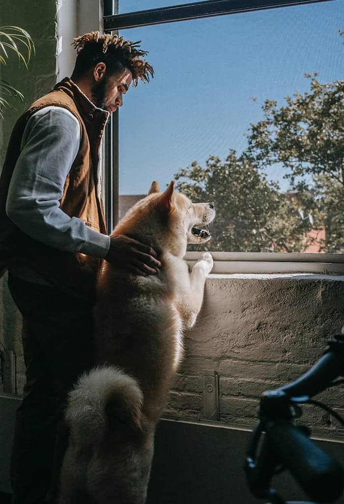 Homem olhando pela janela junto ao seu cachorro