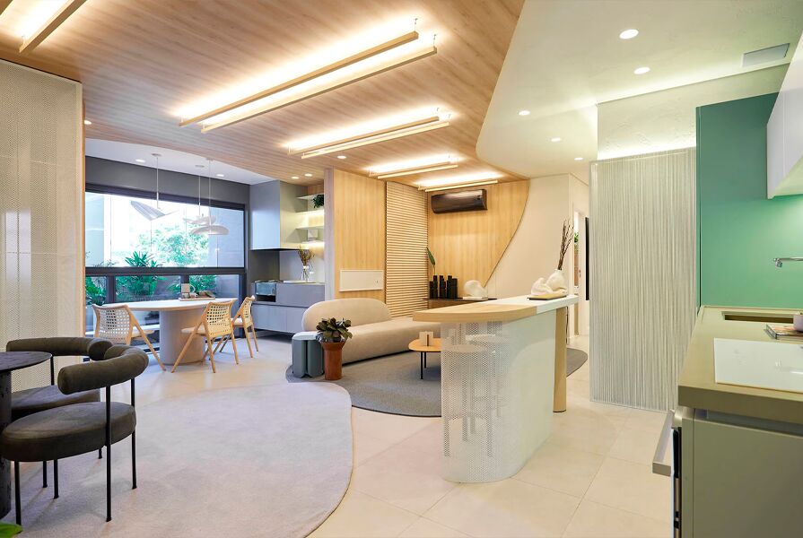 Ambiente moderno e minimalista de sala e cozinha