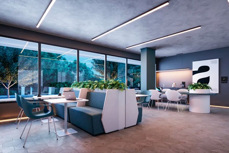 Interior moderno de um escritório com plantas e mesas