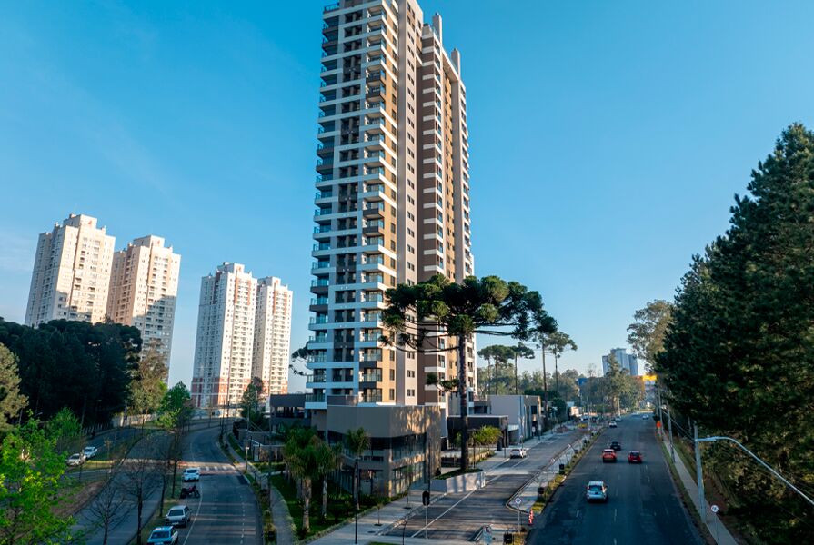 Vista de prédios altos e rua arborizada