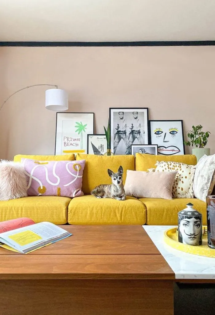 sala com sofá amarelo, quadros apoiados e cachorro deitado em cima do sofá, cores que combinam com amarelo