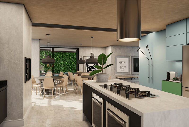 Cozinha moderna com área de jantar e plantas decorativas