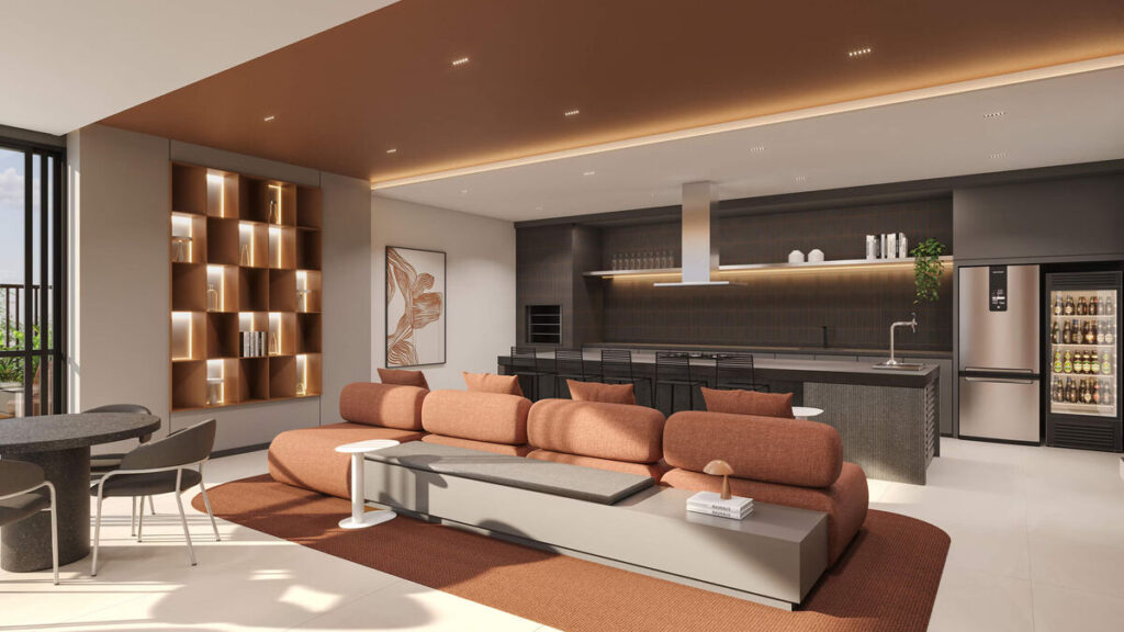 Sala de estar moderna com cozinha integrada e plantas