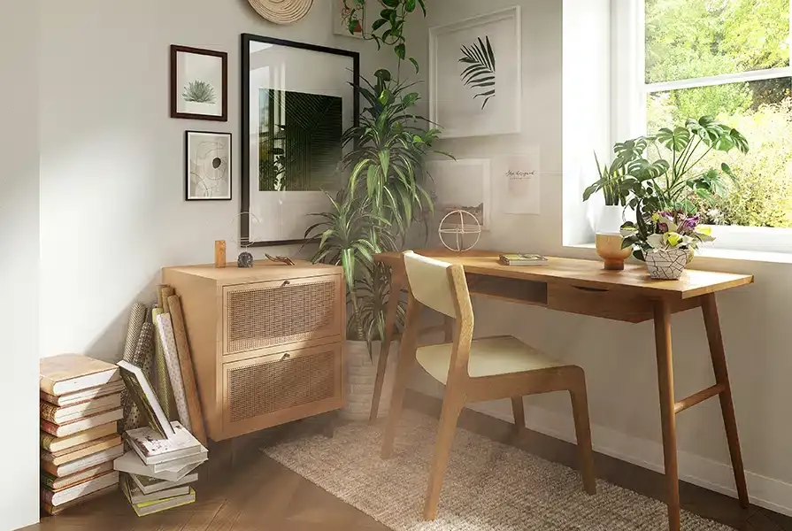 decoração de home office com madeira e plantas 