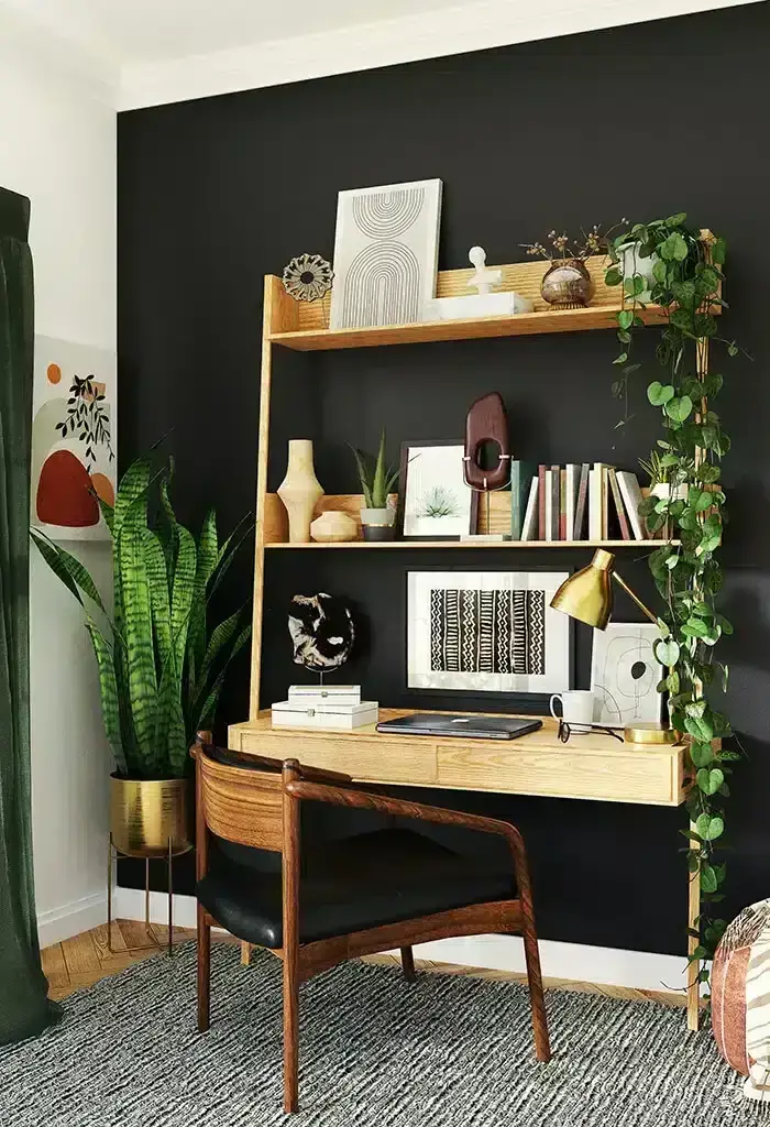 decoração de home office com parede preta