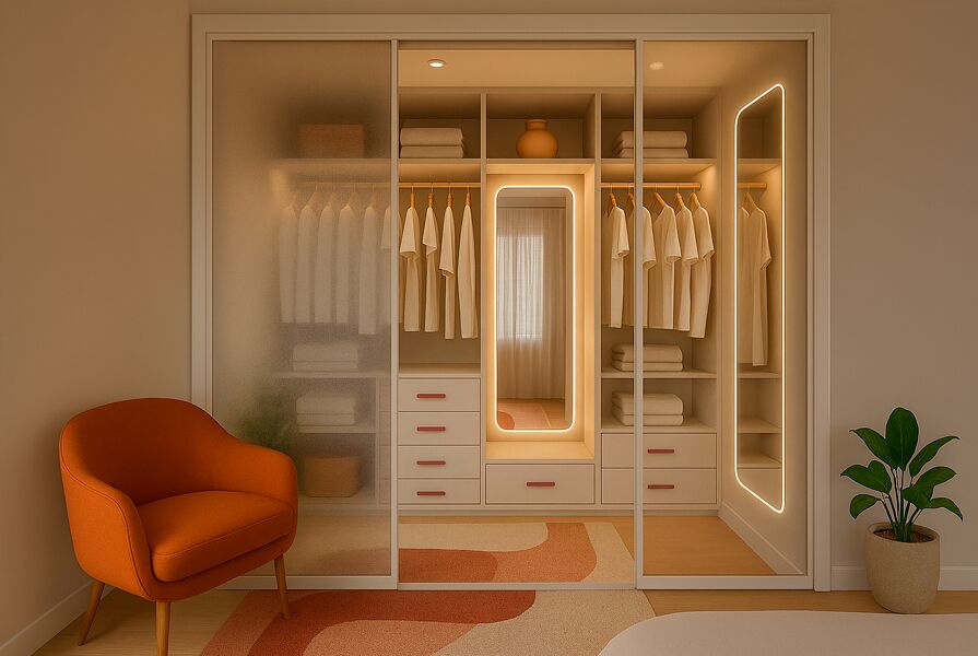 Armário moderno com roupas organizadas e iluminação