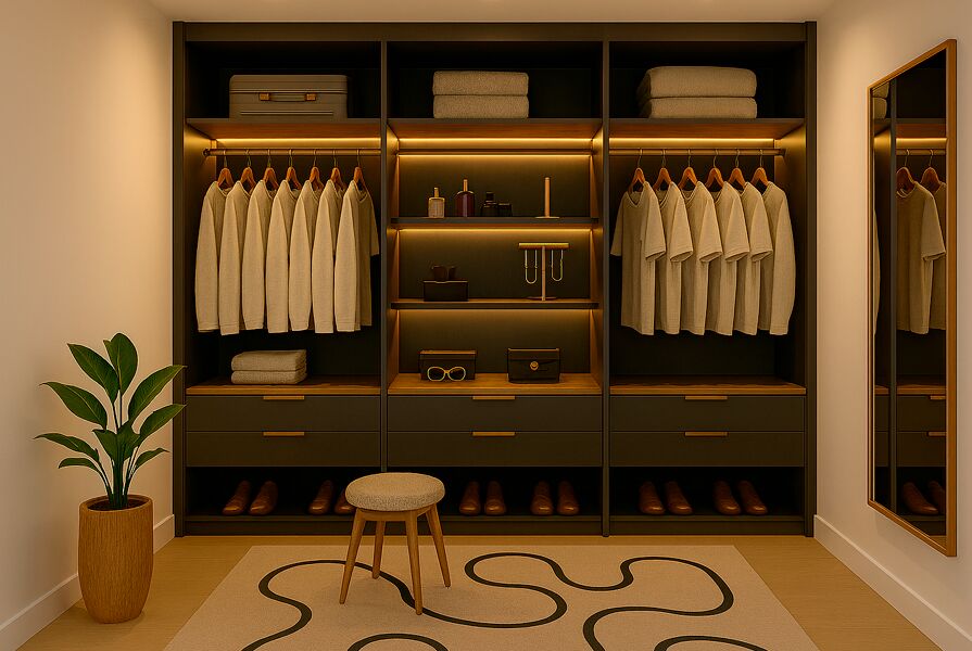 Armário moderno com roupas e espelho, iluminação suave