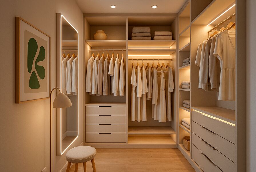 Closet moderno com roupas organizadas e iluminação suave