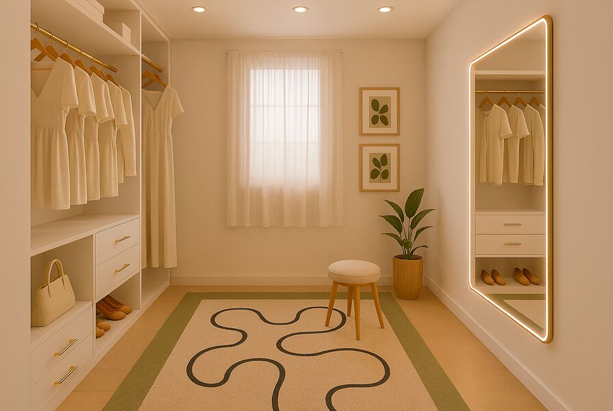 Interior de um closet iluminado com roupas brancas e espelho.