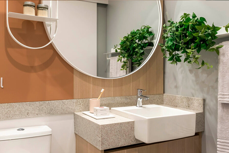 Banheiro moderno com espelho e plantas decorativas