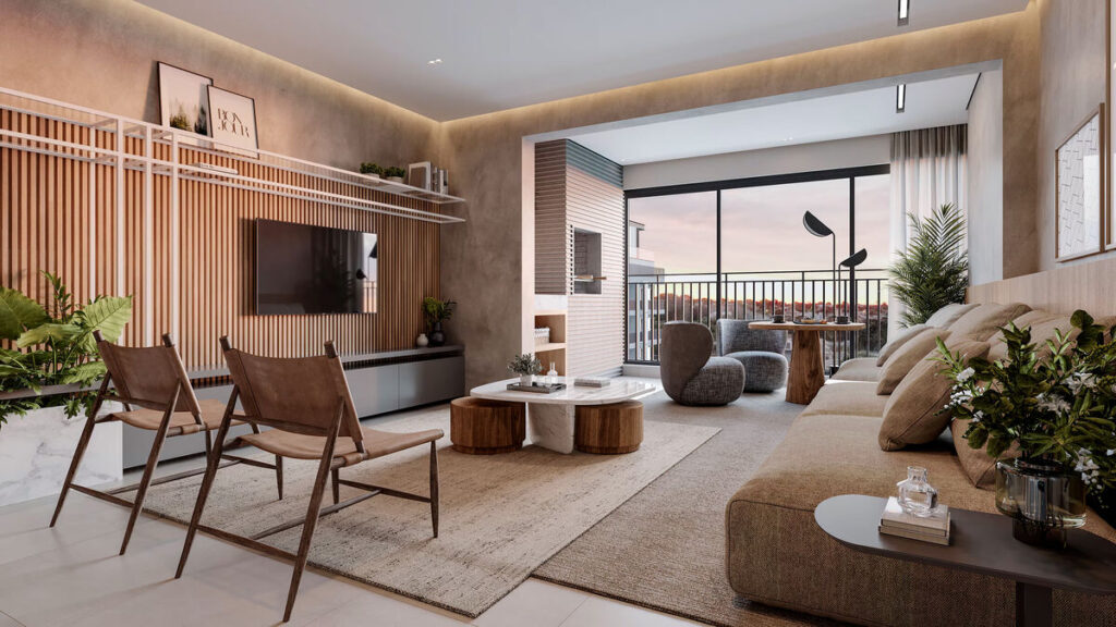 Sala de estar moderna com plantas e móveis aconchegantes