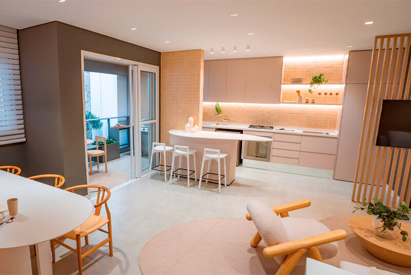 Cozinha e sala modernas em apartamento decorado