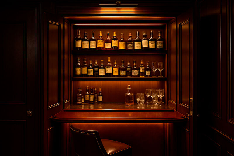 Bar com prateleiras de bebidas e copos elegantes