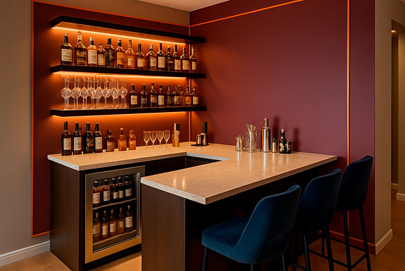 Bar em casa com prateleiras e bebidas variadas
