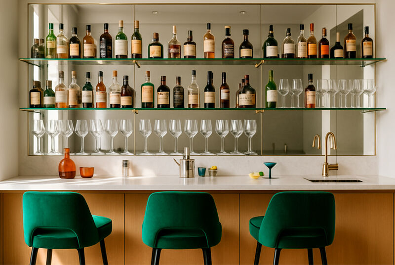 Bar com prateleiras cheias de bebidas e taças elegantes