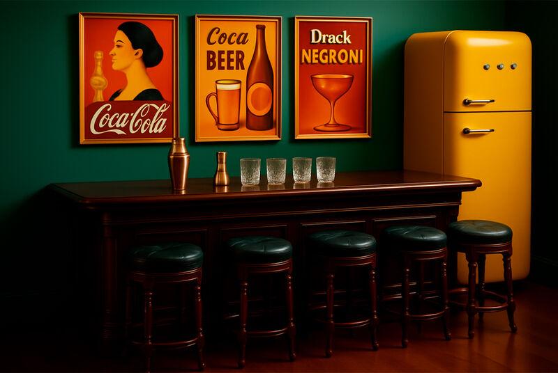 Bar com decoração retrô e geladeira amarela