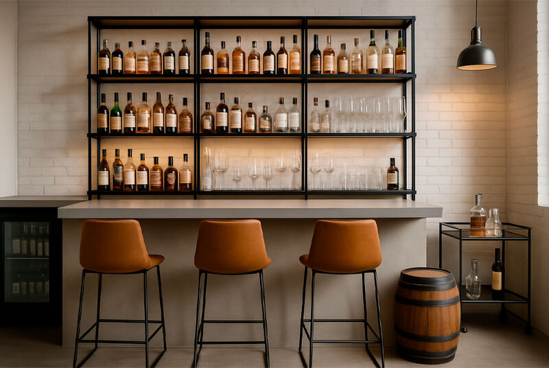Bar elegante com garrafas de bebidas e copos