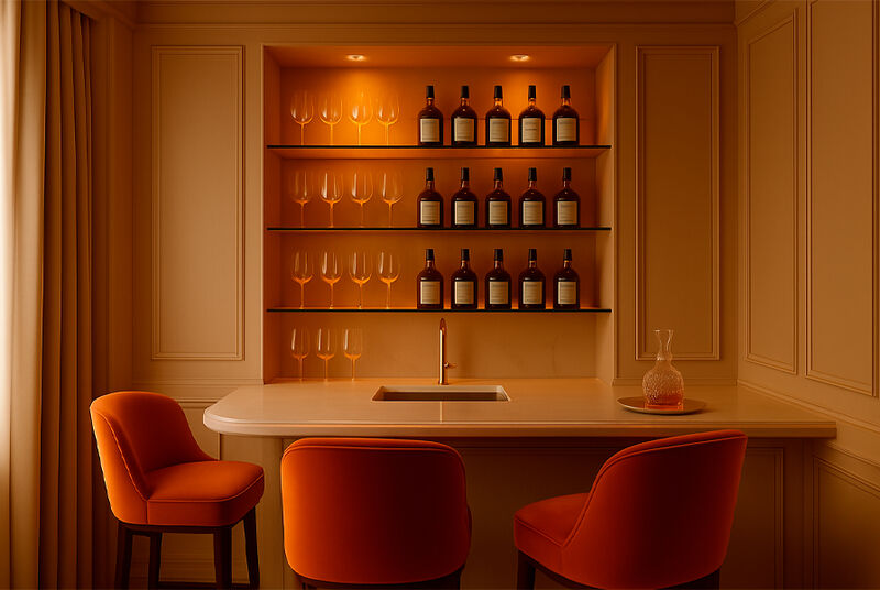 Bar elegante com garrafas e taças de vinho