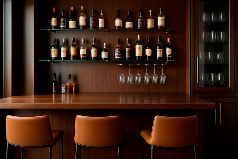 Bar elegante com prateleira de bebidas finas