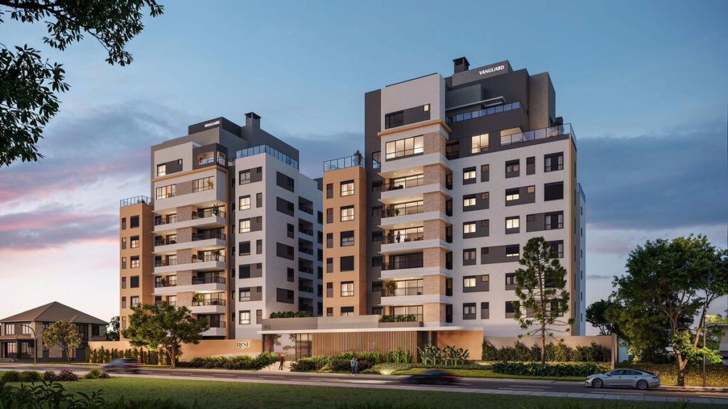 Fachada moderna de edifício residencial em área urbana.