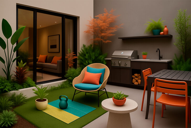 Área externa moderna com móveis e plantas decorativas