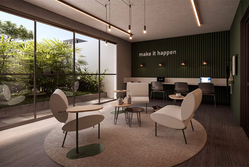 Sala moderna com móveis confortáveis e iluminação suave.