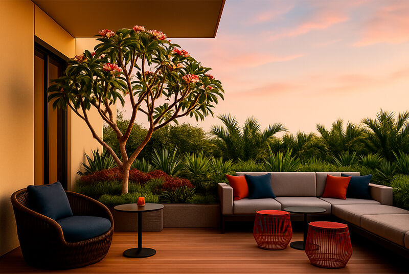 Varanda com plantas e móveis para relaxar ao ar livre