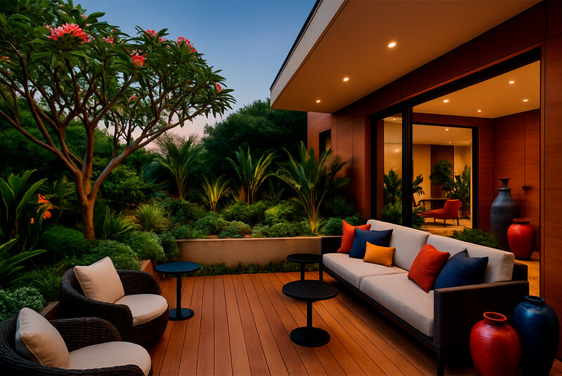 Varanda elegante com sofá e plantas decorativas