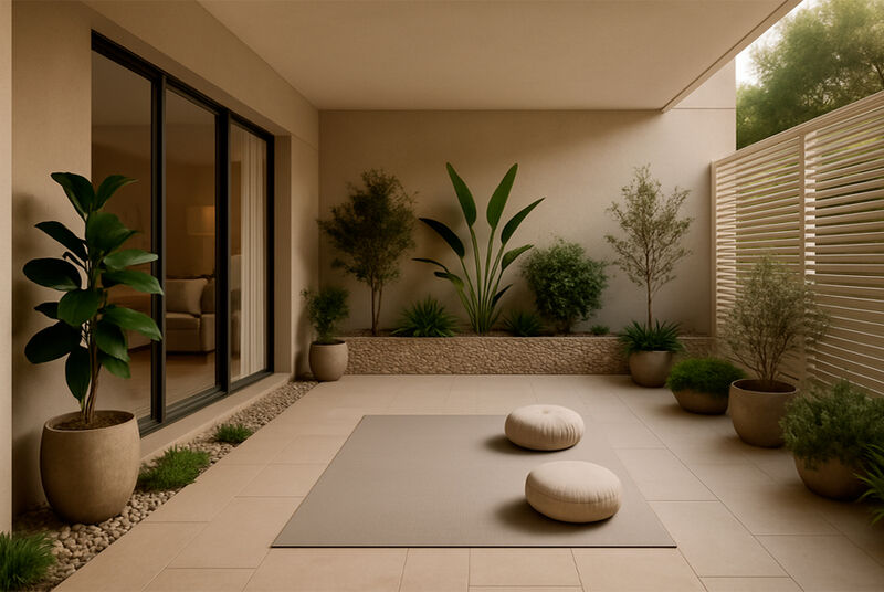 Varanda moderna com plantas e almofadas confortáveis