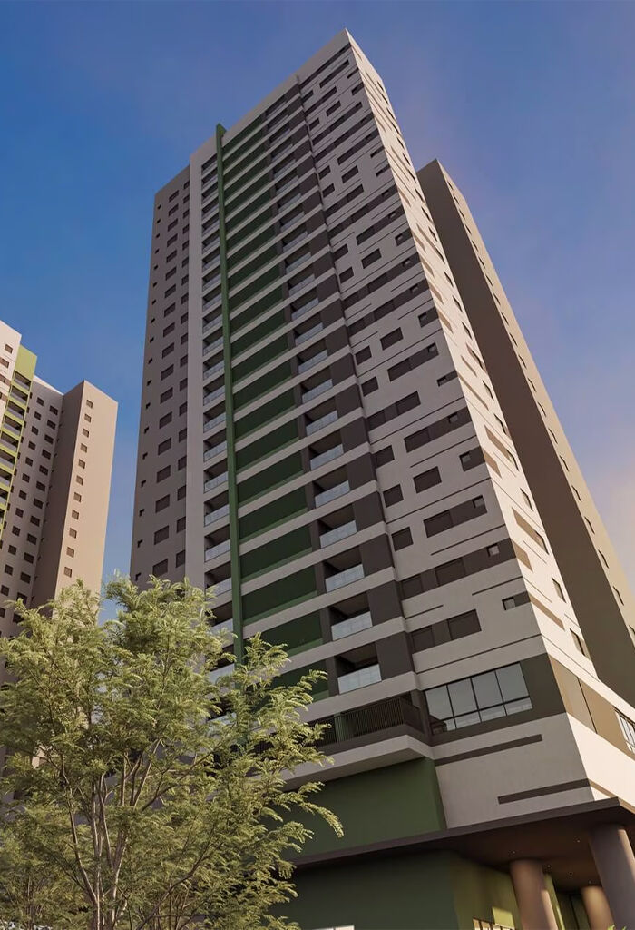 Edifício moderno em bairro urbano com árvores.