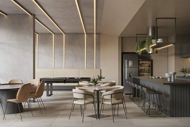 Cozinha e sala de jantar modernas com vista externa.