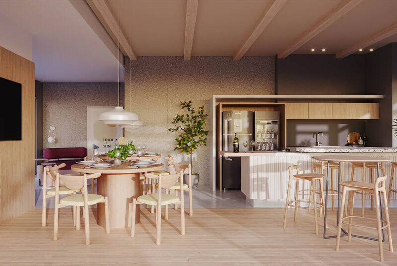 Cozinha moderna com mesa e cadeiras de madeira