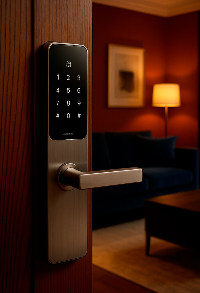 Fechadura eletrônica em porta de madeira