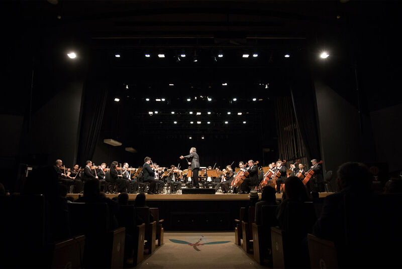 Orquestra em apresentação ao vivo no teatro