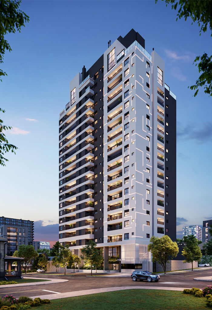 Prédio moderno com iluminação noturna e jardins