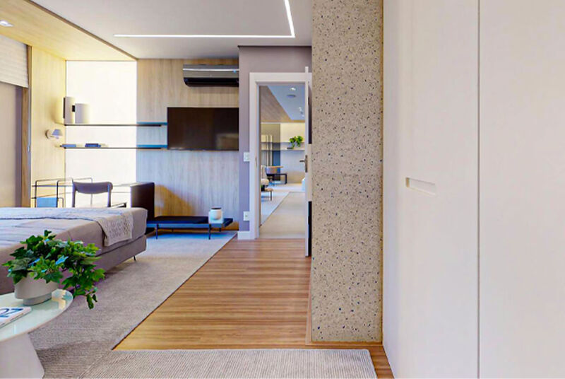 Quarto moderno com decoração contemporânea e iluminado