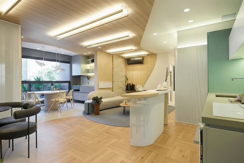 Sala moderna com cozinha integrada e decoração elegante