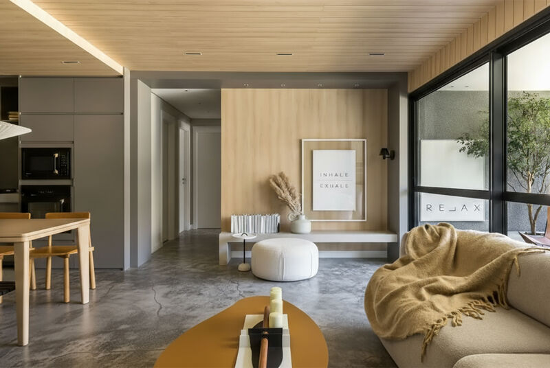 Sala moderna com decoração minimalista e aconchegante