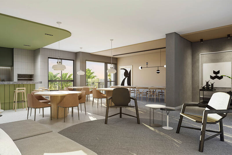 Sala moderna com mesas e cadeiras elegantes