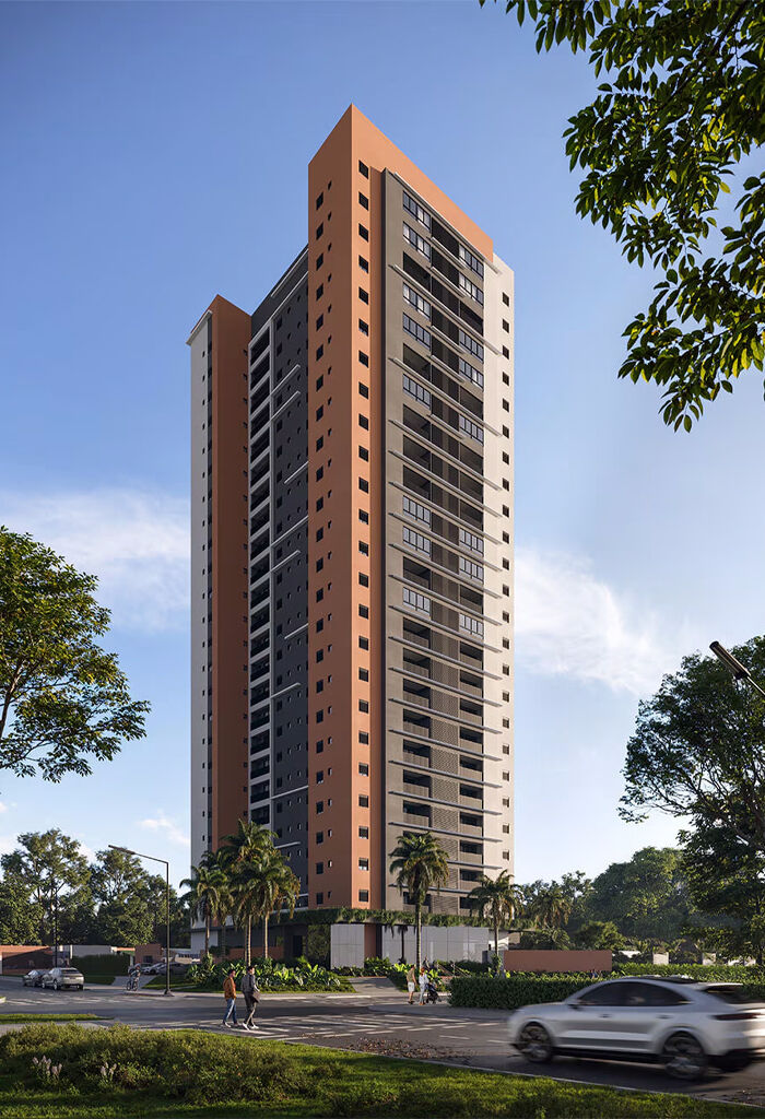 Edifício moderno em área verde, arquitetura contemporânea.
