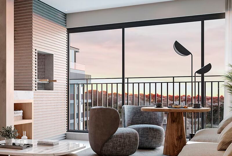 Sala moderna com vista para o pôr do sol