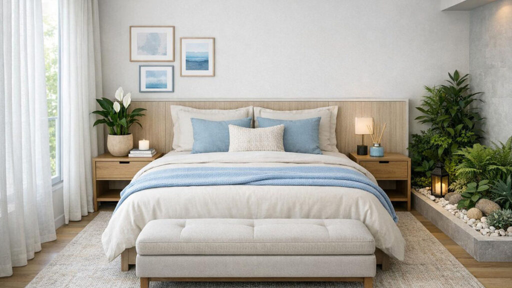 Quarto moderno com cama e decoração relaxante