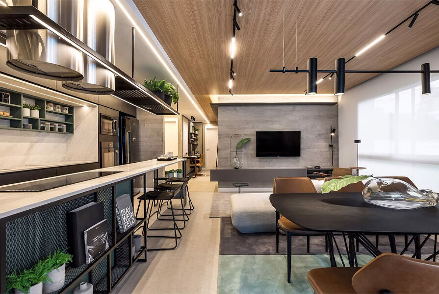 Cozinha moderna integrada com sala de estar