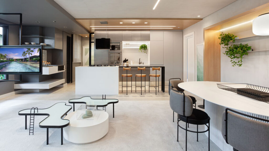 Sala de estar moderna com cozinha integrada e decoração elegante